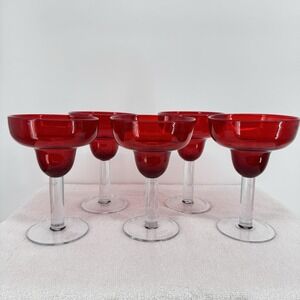 Set of 5 Mexican Hand Blown‎ Heavyweight Margarita Glasses Ruby Red Clear Stem